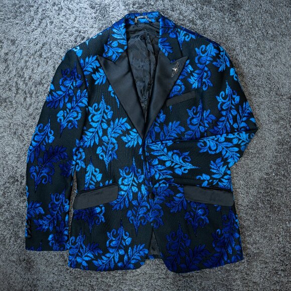 BARABAS Men’s Slim Fit Blazer 40R Royal Blue Black Velvet Floral Paisley Tuxedo